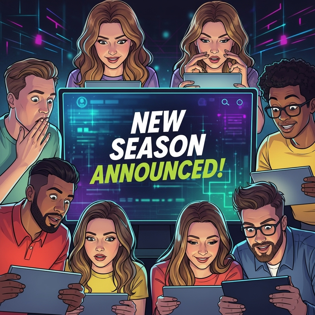 Illustration of new season of a mystery reality show being announced online, people reacting with anticipation. Vibrant colors, dynamic composition, no text.