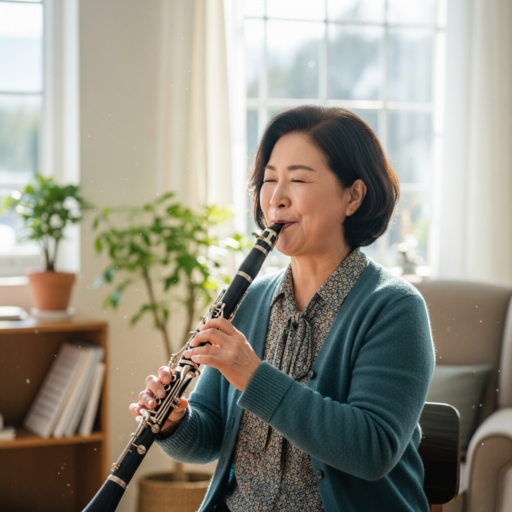 A cheerful Korean woman in her 60s is confidently playing a clarinet in a bright, airy room. She is dressed in comfortable, stylish clothing. The setting suggests a home or a community music hall. Her face shows joy and concentration. Style: lifestyle photography. No text.