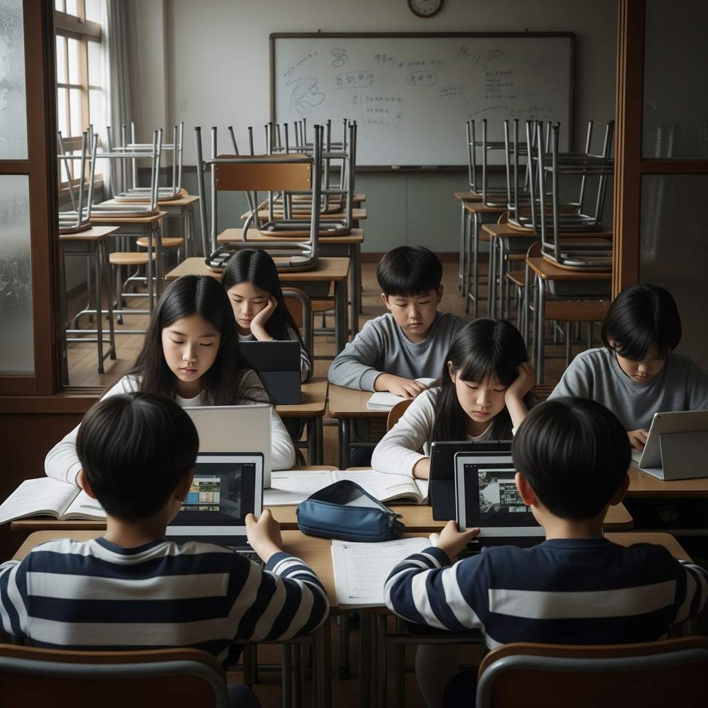 Korean children studying online at home during pandemic, looking tired and isolated, laptops and tablets on desk, empty classroom in background, realistic lifestyle photography, natural lighting, no text
