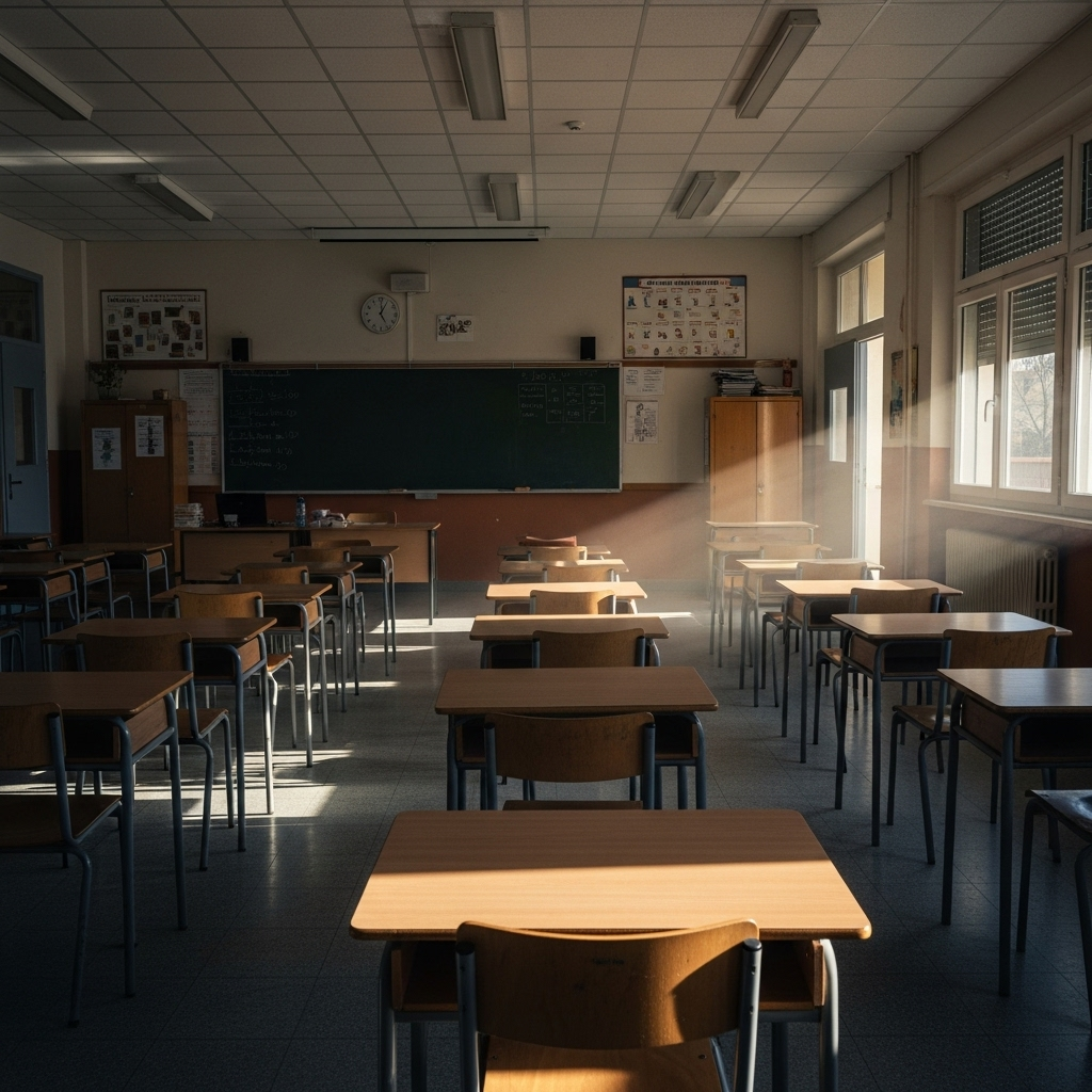 Empty classroom with closed doors and windows, desks arranged but no students, sunlight streaming through windows creating melancholy atmosphere, realistic photography showing educational impact, no text