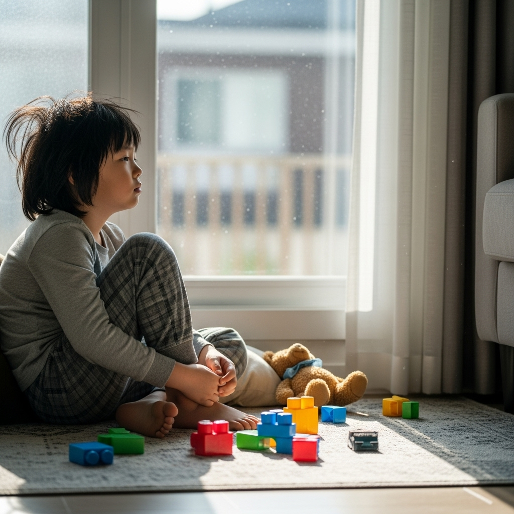 Korean child looking lethargic at home, sitting by window longing to go outside, toys scattered around, showing physical inactivity during pandemic, soft natural lighting, realistic lifestyle photography, no text