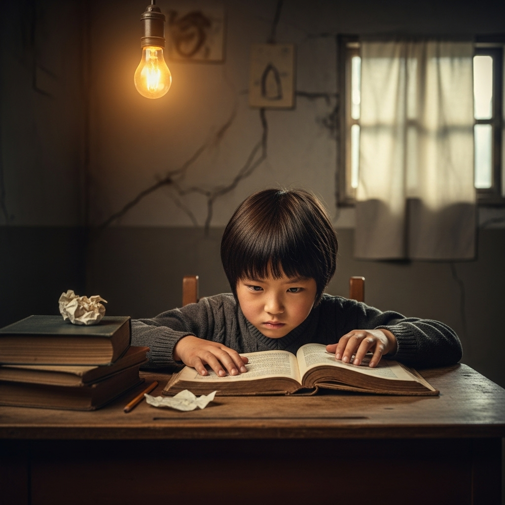 Korean child studying with old books and simple materials at small desk, showing determination despite economic hardship during pandemic, warm indoor lighting, realistic emotional photography, no text