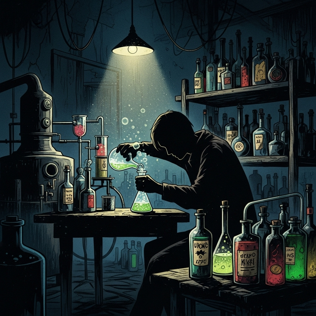 A shadowy figure mixing liquids in a dimly lit, makeshift distillery. Bottles with ambiguous labels are stacked nearby. Emphasize the clandestine nature. Illustration style, no text.