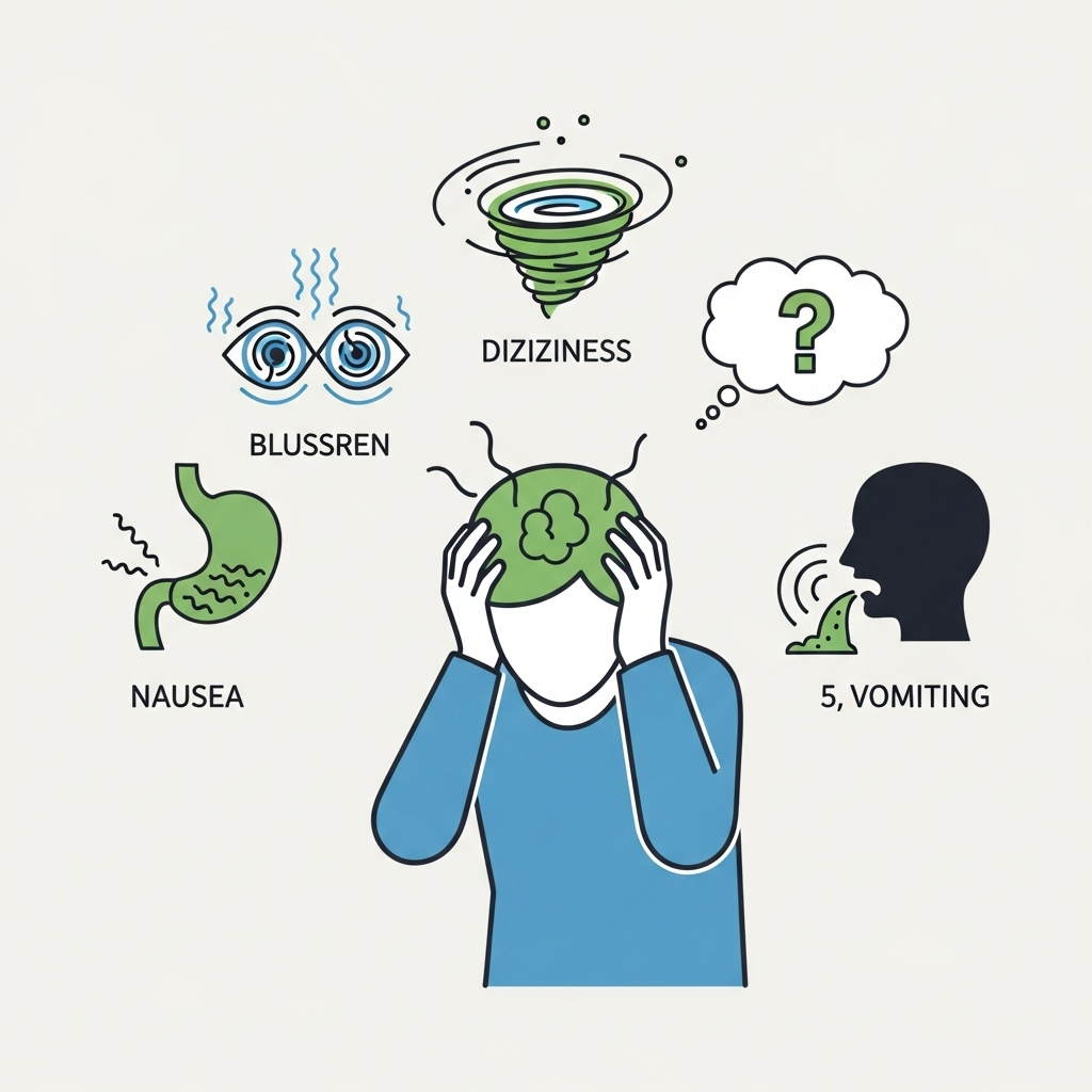 An infographic showing a person experiencing symptoms like blurred vision, dizziness, and confusion. Icons representing nausea and vomiting are also present. Clean, clear visual style, no text.