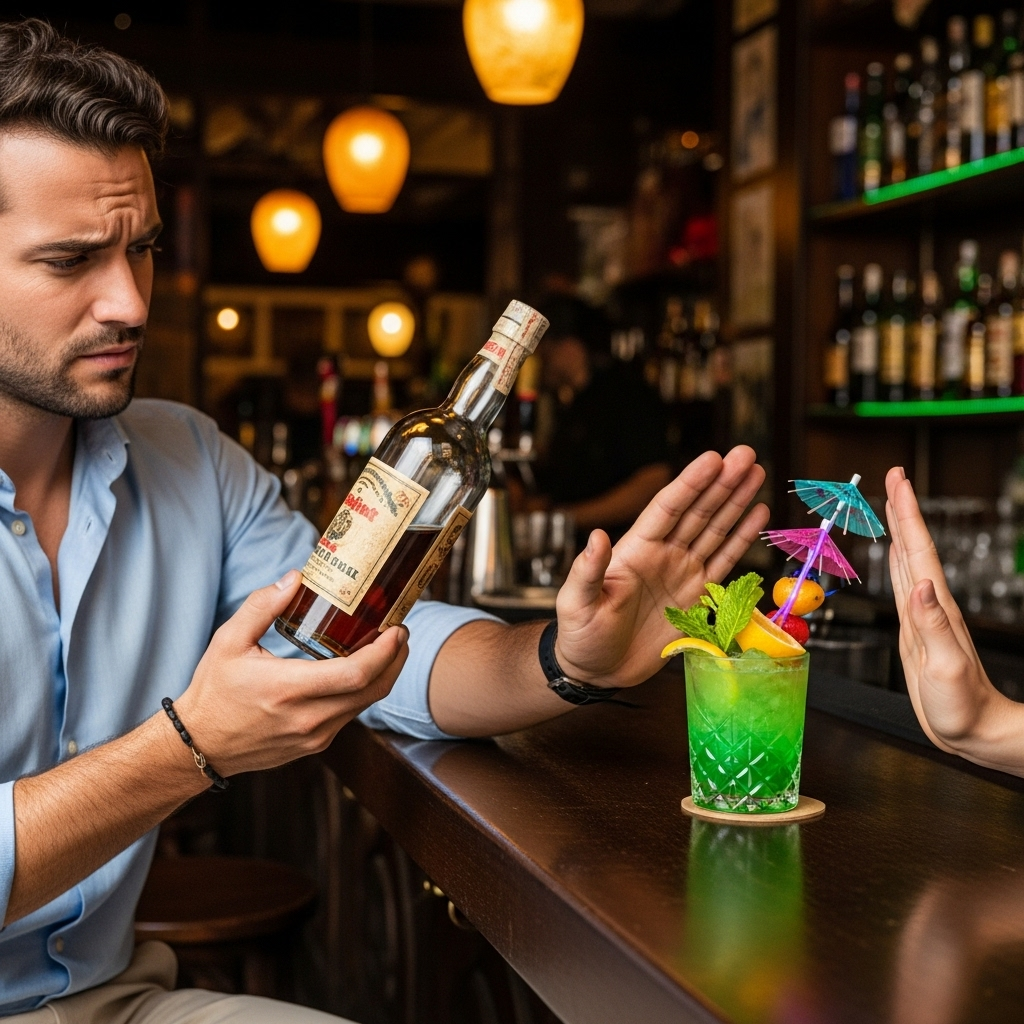 A person in a foreign bar, inspecting a sealed bottle of alcohol. Another hand is refusing a suspicious-looking cocktail. Emphasize caution and wise choices. Lifestyle photography, no text.