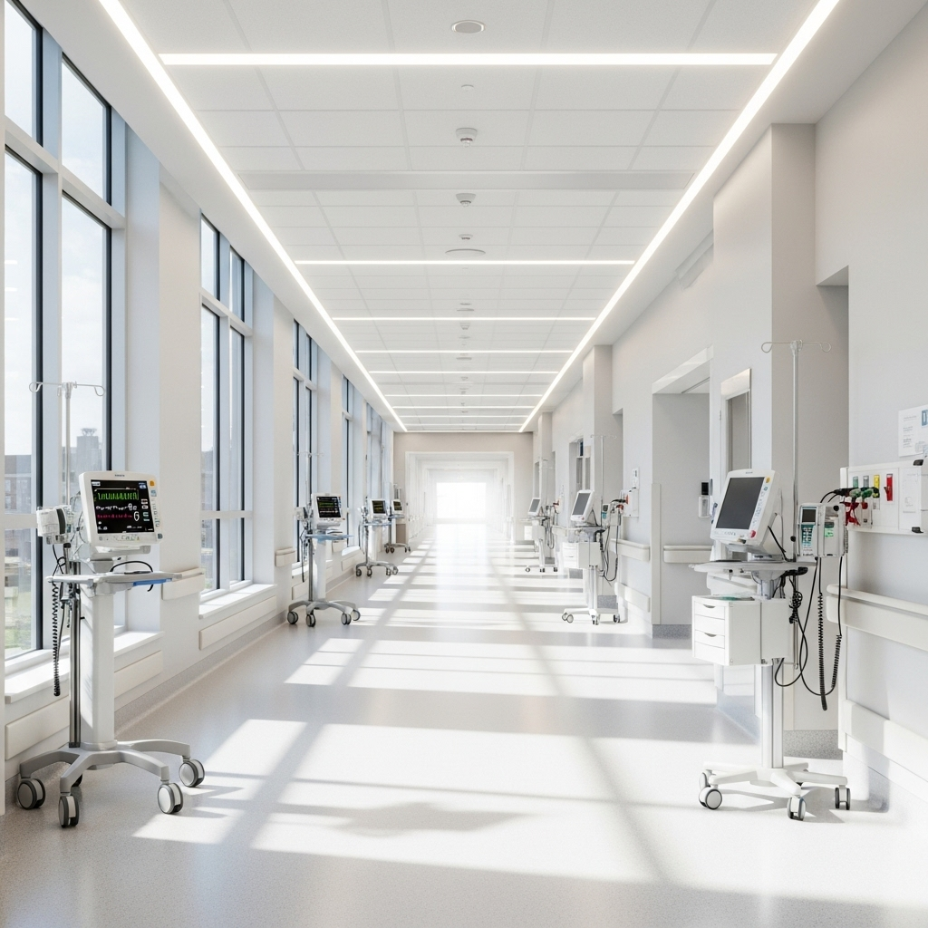 A clean hospital corridor in a mental health facility with modern lighting, medical equipment visible, professional healthcare environment, natural lighting from windows, no text in image