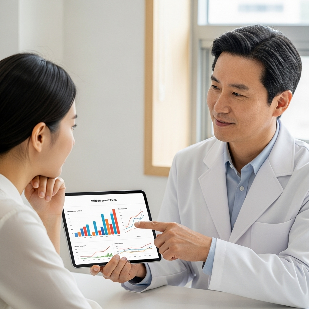 A Korean patient consulting with a doctor, discussing medication options. The doctor is pointing to an infographic or a chart on a tablet, showing different antidepressant effects. The scene is calm and professional, with natural lighting. Style: clean infographic. No text.