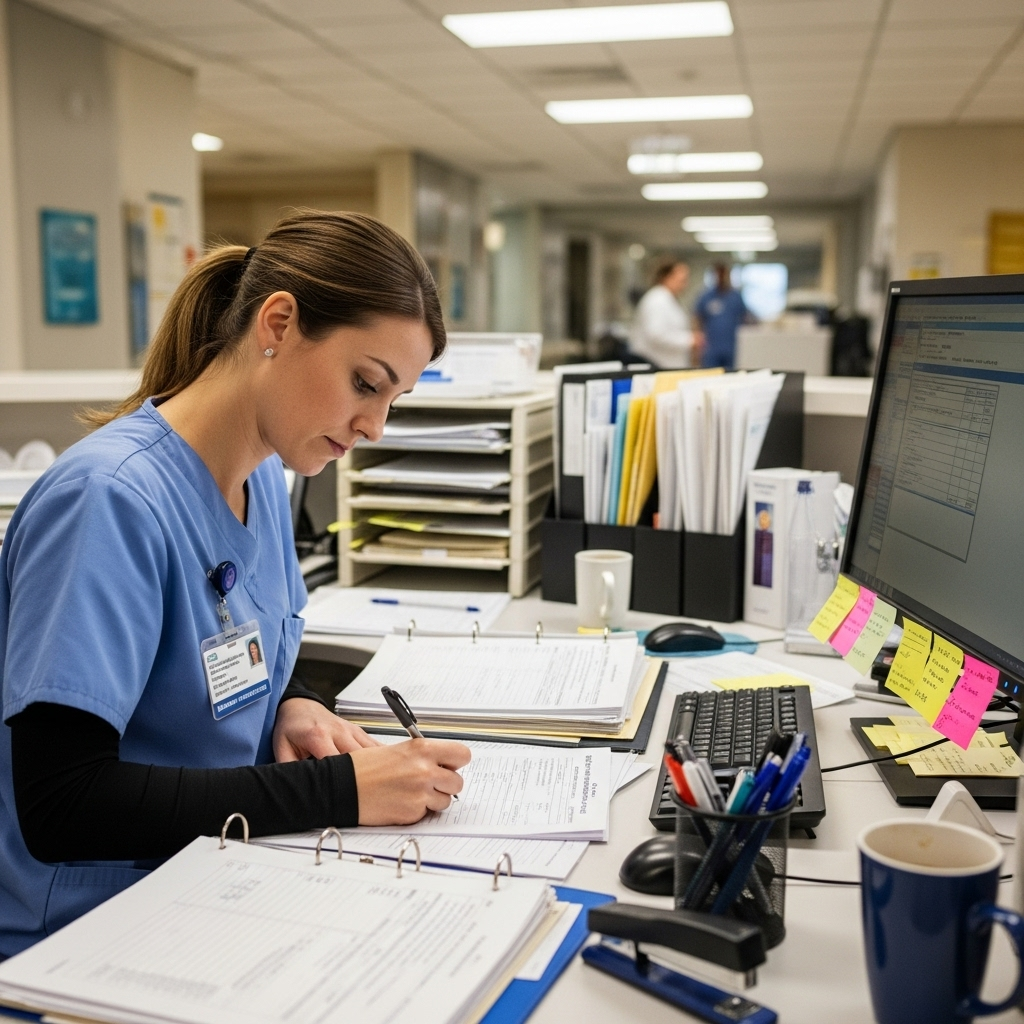 Healthcare worker writing patient observation records at a nurses station, medical charts and documentation visible, professional healthcare setting, focused atmosphere, realistic lighting, no text