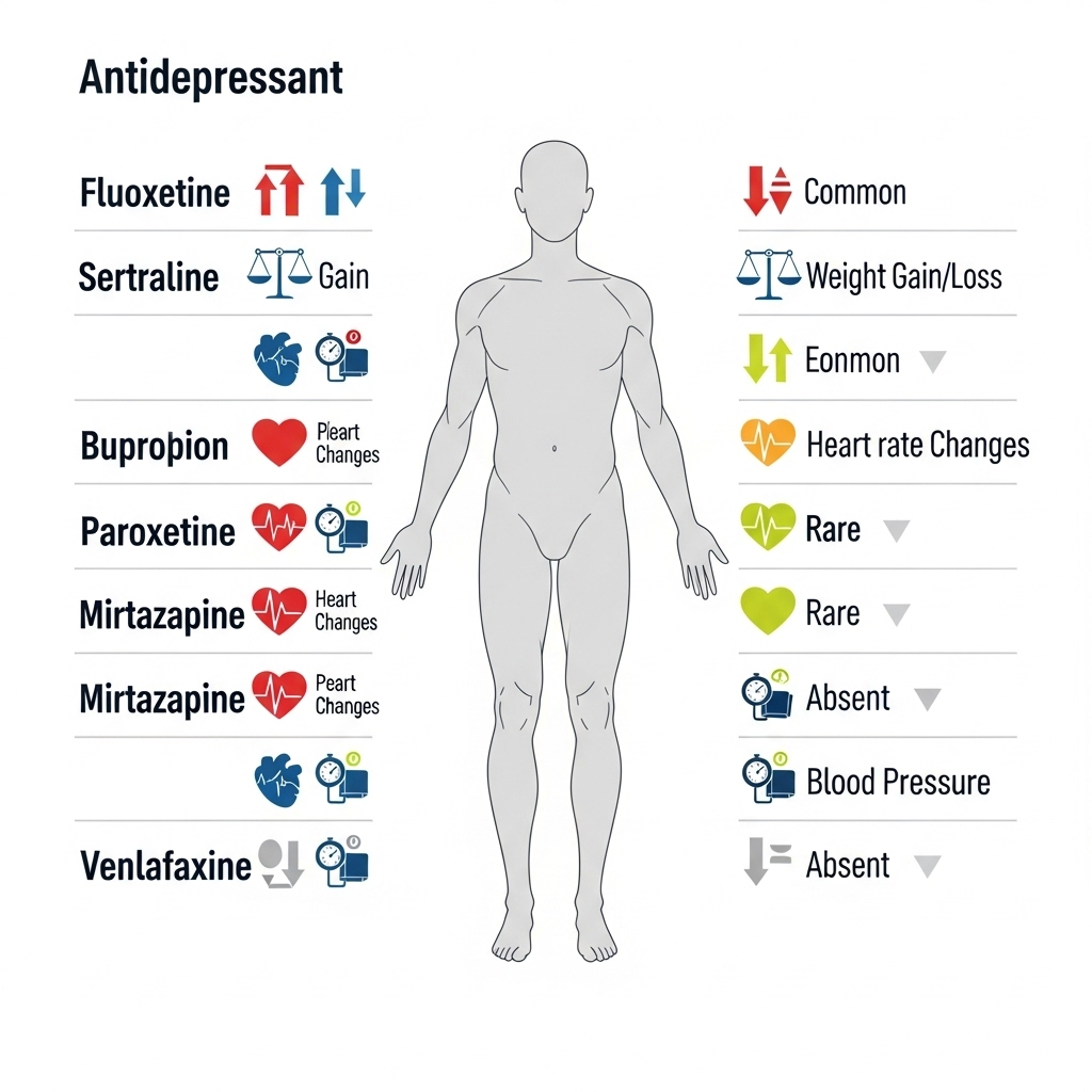 A clean infographic comparing the side effects of different antidepressants on a human body outline. Show distinct icons for weight gain/loss, heart rate changes, and blood pressure variations for multiple drug names. Use a scientific but clear visual style. No text.