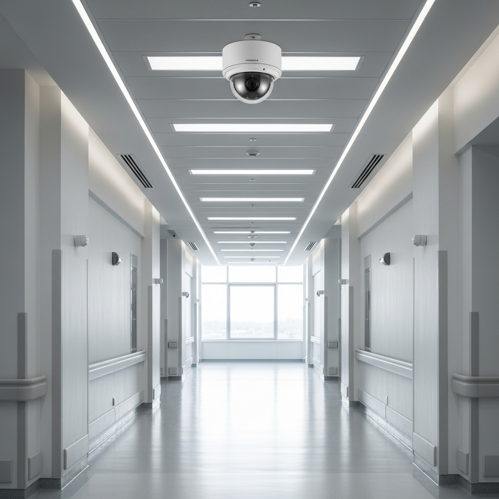 Security camera mounted on hospital corridor ceiling, modern medical facility interior, professional healthcare environment, clean white walls, natural lighting, surveillance equipment visible, no text