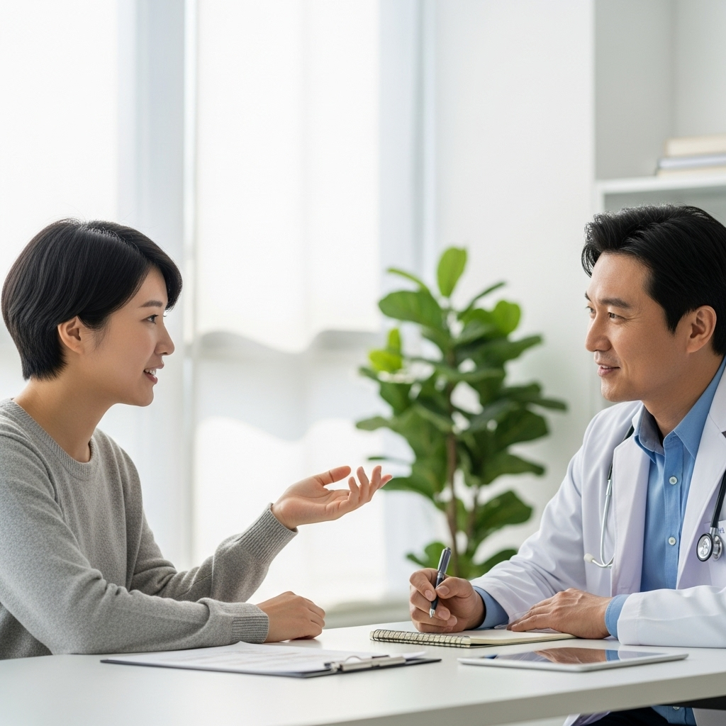 A calm and empathetic scene where a Korean patient is discussing their medication options with a supportive doctor. The doctor is listening attentively, and the patient appears engaged in the shared decision-making process. The setting is a modern clinic. Style: lifestyle photography. No text.