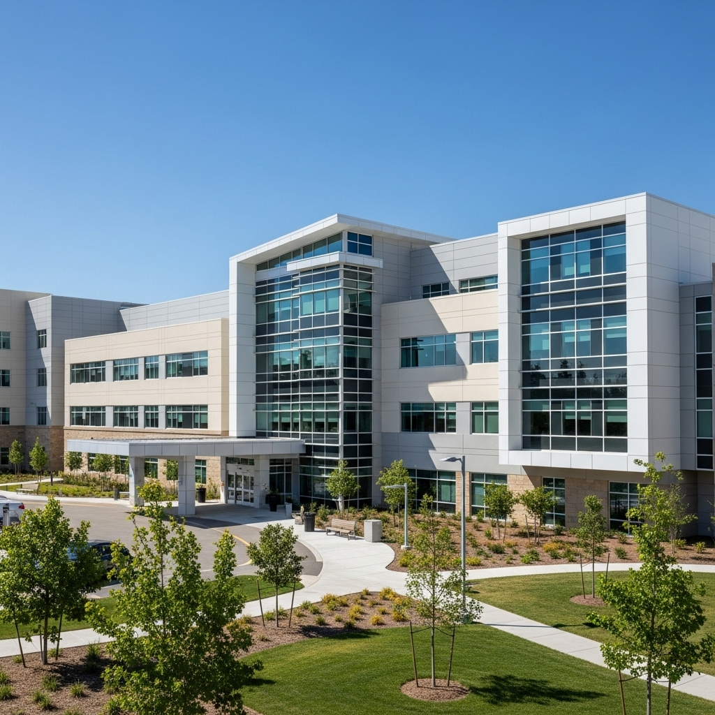 Modern mental health hospital building exterior with contemporary architecture, glass windows, professional medical facility design, landscaped grounds, bright daylight, welcoming healthcare environment, no text