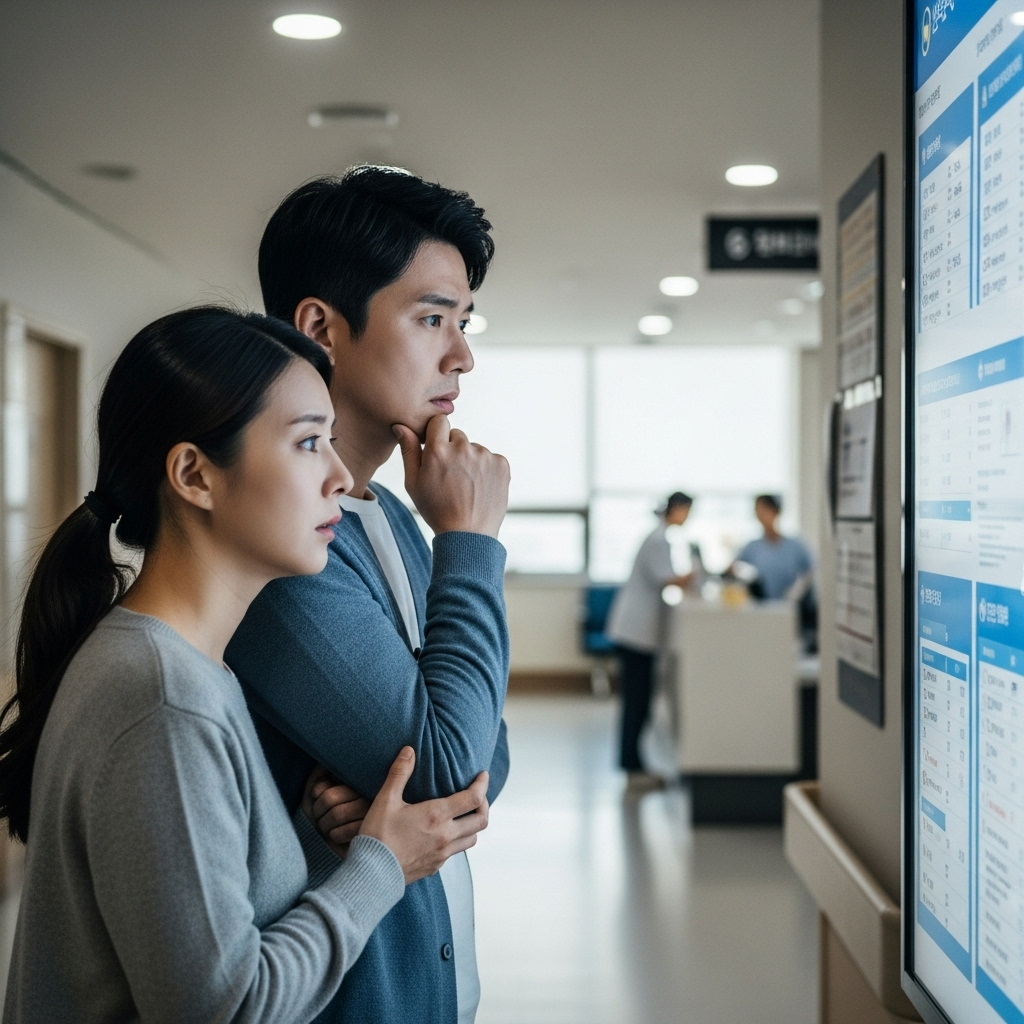 Korean parents with worried expressions looking at a hospital information board, concerned about the quality of care. Lifestyle photography, natural light, soft focus on background. No text.
