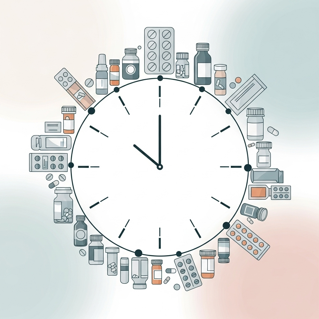 A stylized illustration depicting a clock face or a timeline, with small pill bottles or medicine packets arranged along it, symbolizing the long-term use of medication. The background has a subtle, calming effect. Style: clean illustration. No text.