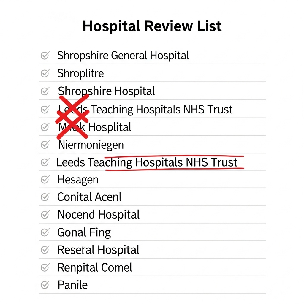 A clean infographic showing a list of hospital names, with two specific names (Shropshire and Leeds) visibly crossed out or highlighted as removed from a larger review list. Emphasize the concept of exclusion. No text.