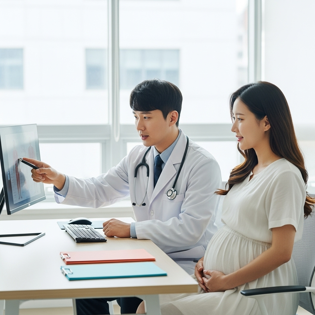 A Korean doctor and a pregnant Korean woman discussing medical charts and health records in a bright, modern hospital setting, conveying trust and focused concern for patient safety. Lifestyle photography, soft light. No text.
