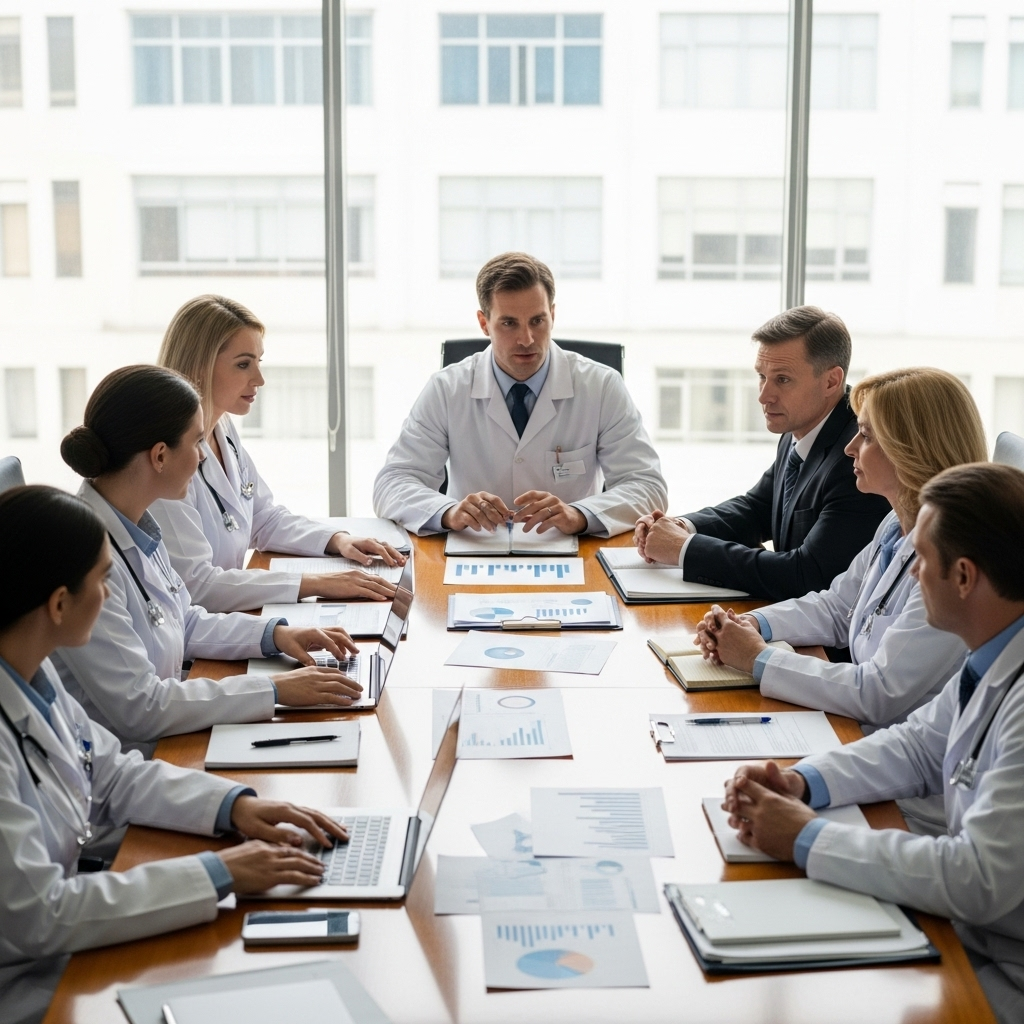 Professional meeting room scene with medical professionals and government officials sitting around a negotiation table, documents spread out, serious discussion atmosphere, modern office setting with natural lighting, realistic business photography style, no text
