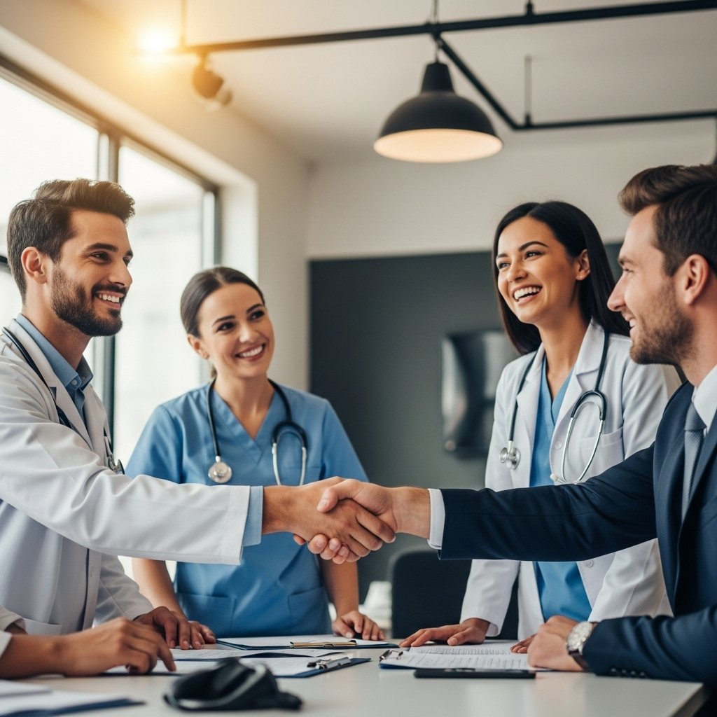 Happy medical professionals shaking hands after successful negotiation, professional healthcare setting, diverse group of doctors in scrubs and suits, positive atmosphere with natural office lighting, lifestyle photography, no text