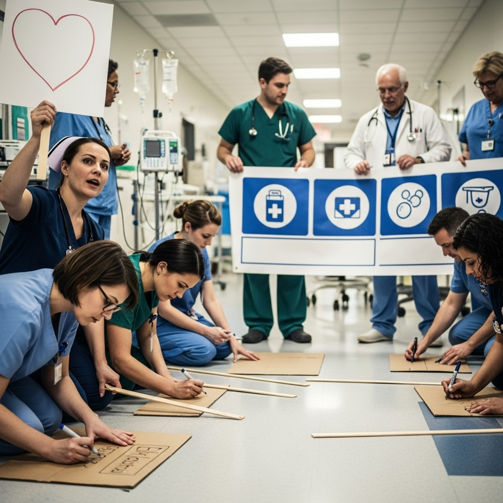 Healthcare workers preparing protest signs and organizing demonstration, diverse medical staff including nurses and doctors, determined expressions, hospital or clinic background, documentary style photography, no text