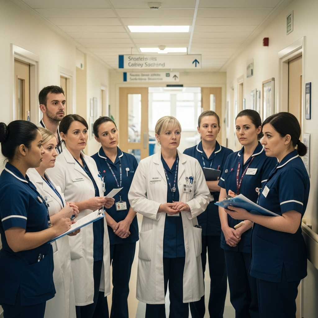 Diverse group of UK healthcare workers including doctors, nurses, and medical staff looking concerned while discussing in hospital corridor, NHS hospital setting, natural lighting, documentary photography style, no text