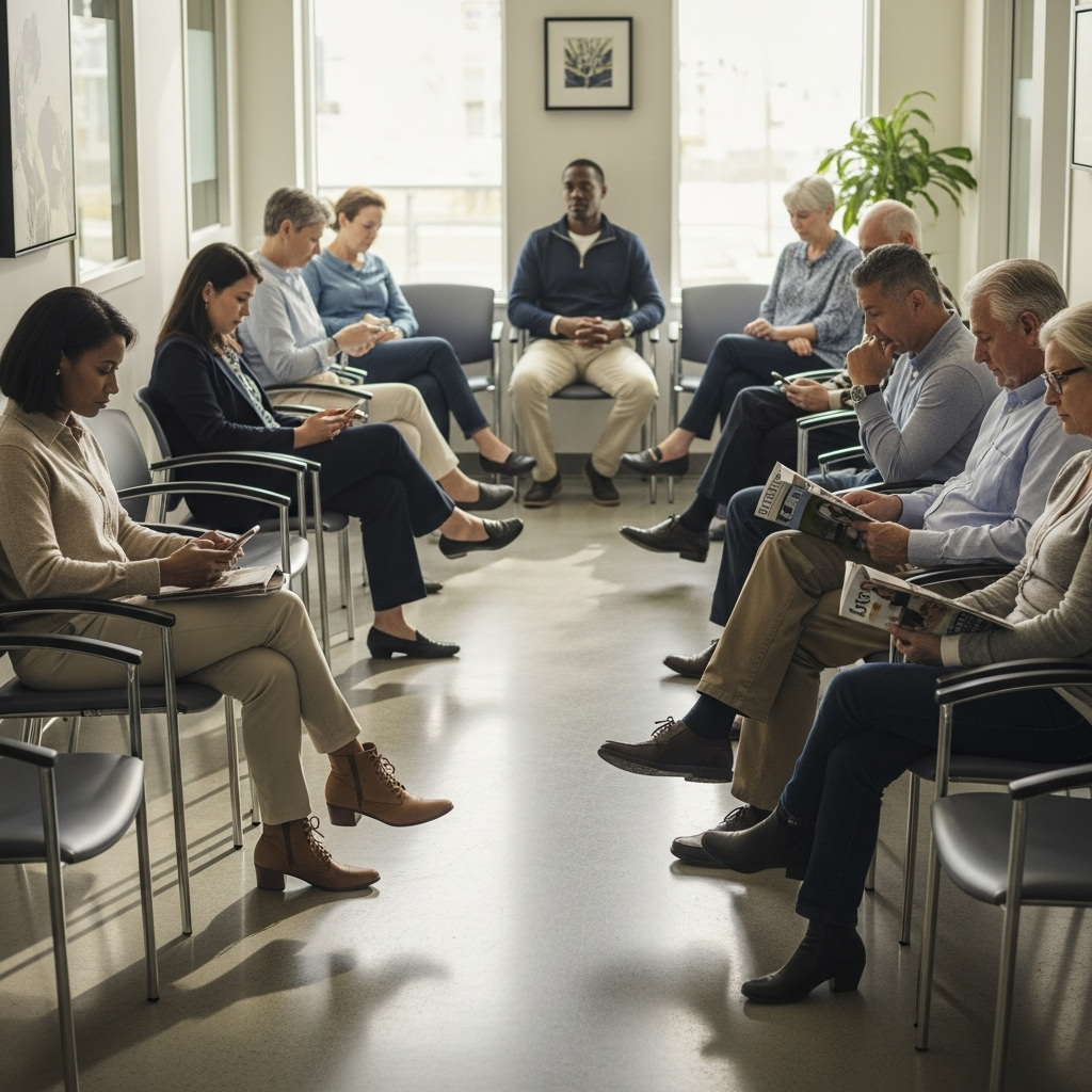 A realistic scene of people waiting in a modern medical clinic waiting area, showing diverse adults sitting on chairs with thoughtful expressions, soft natural lighting, clean medical environment, lifestyle photography style, no text