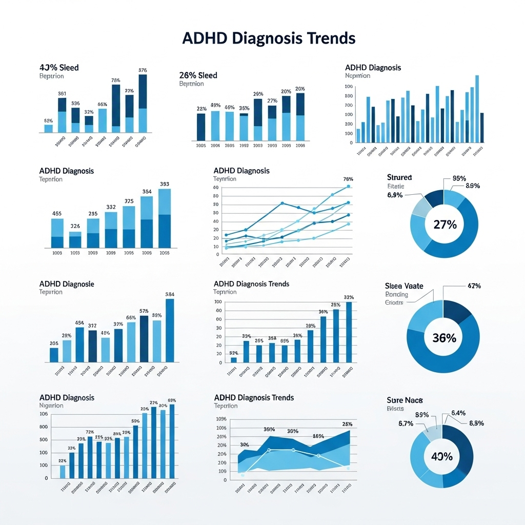 Clean infographic showing statistical data about ADHD diagnosis trends, with charts and graphs displaying percentages and growth patterns, professional medical illustration style, blue and white color scheme, no text