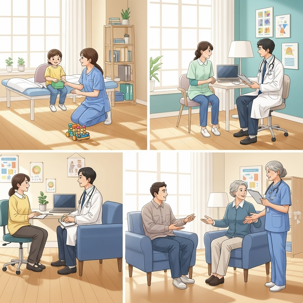 Optimistic scene showing people of different ages receiving proper healthcare support, bright medical facility with caring professionals, warm lighting, hopeful atmosphere representing better future for ADHD care, no text