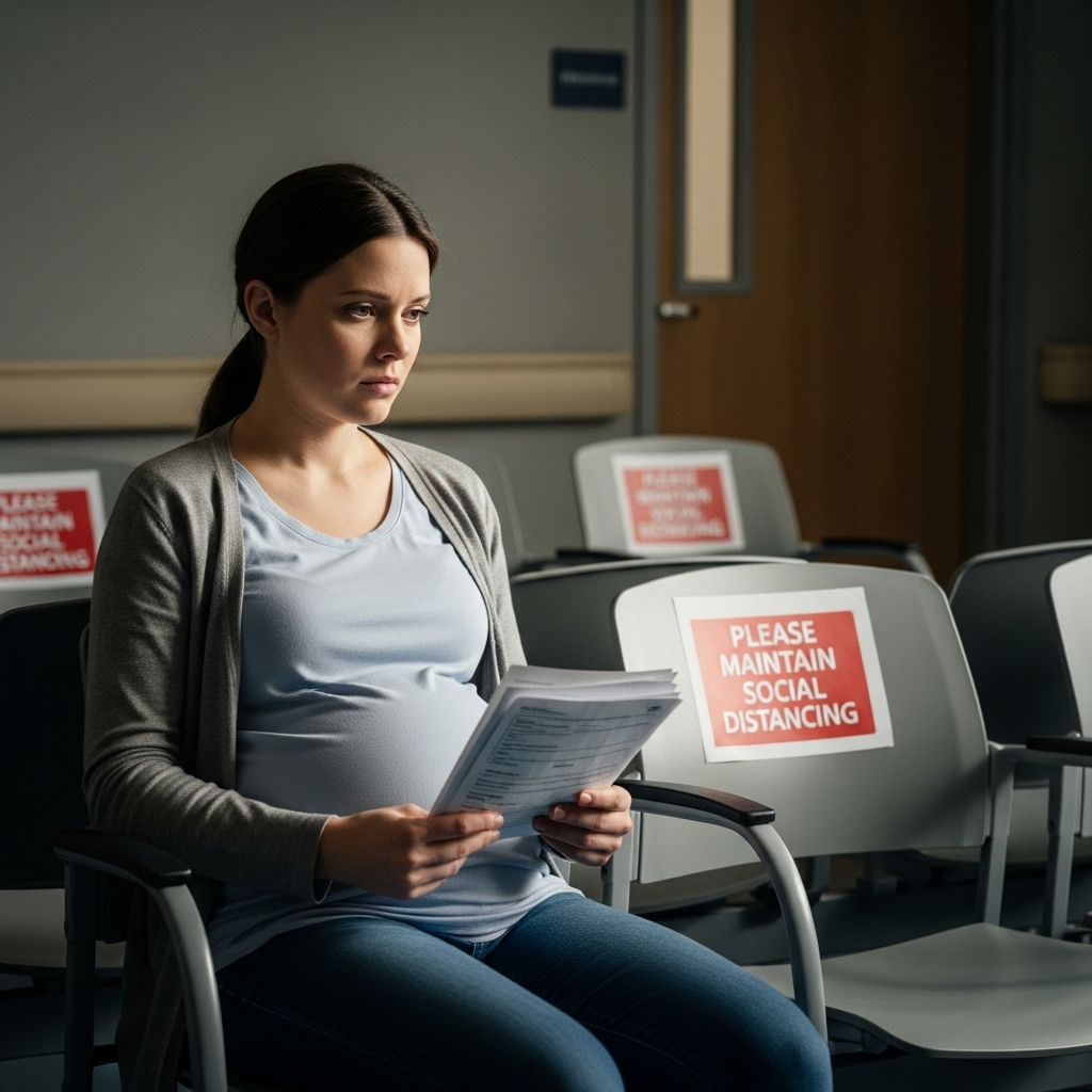A pregnant woman sitting alone in a hospital waiting room, looking anxious while holding medical documents. Empty chairs around her with social distancing signs. Soft natural lighting creating a contemplative mood. No text.