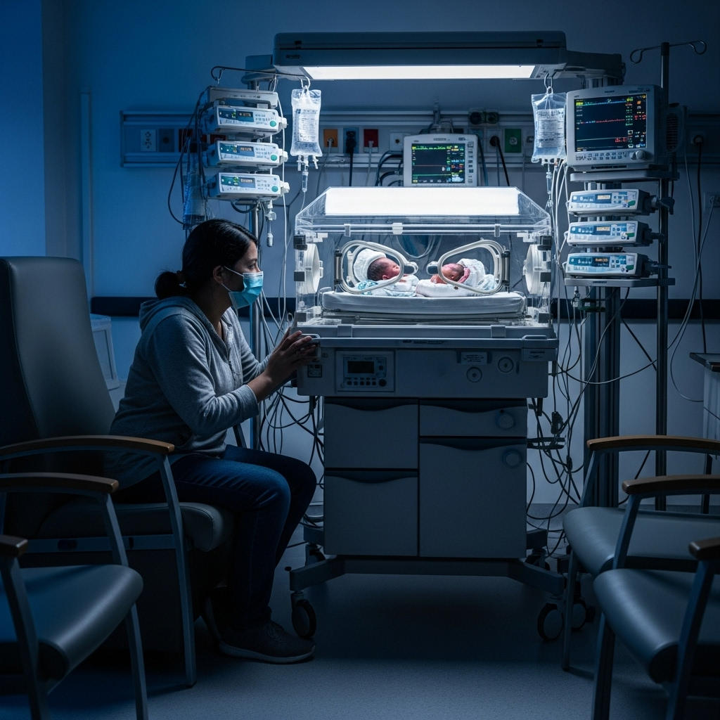 A parent sitting alone next to an incubator in NICU, wearing a mask and looking at premature twins. Medical equipment surrounding, sterile environment with soft blue lighting. Other empty chairs showing visiting restrictions. No text.