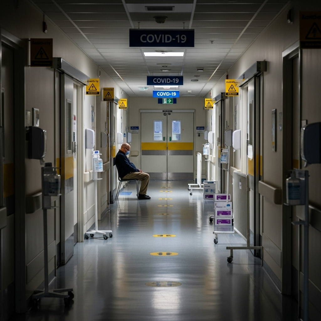 A hospital corridor with COVID-19 safety signs and barriers, showing a father waiting outside maternity ward doors. Empty hallways with protective equipment stations and social distancing markers. Melancholic atmosphere with natural lighting. No text.