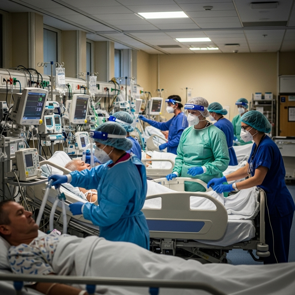 Realistic photo of a British hospital intensive care unit during the Covid-19 pandemic, showing healthcare workers in PPE treating patients under bright but tense lighting, no text.