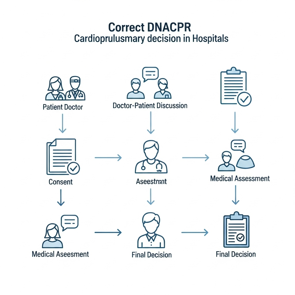 Clean infographic showing the correct DNACPR decision process in hospitals, highlighting doctor-patient discussion and consent steps, no text labels, simple icons and blue tones.