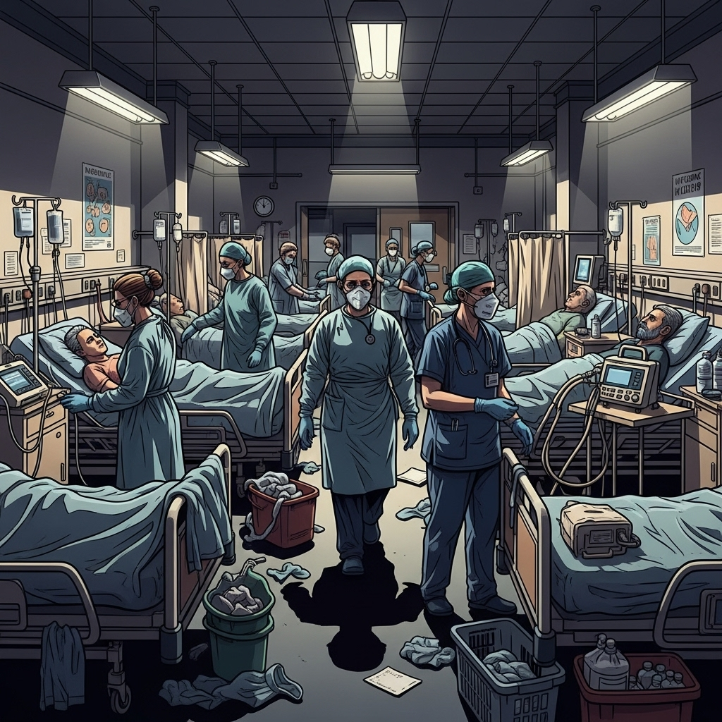 Illustration of an overcrowded UK hospital ward during pandemic peak, doctors wearing masks moving among patients, dramatic lighting, emotional but realistic atmosphere, no text.