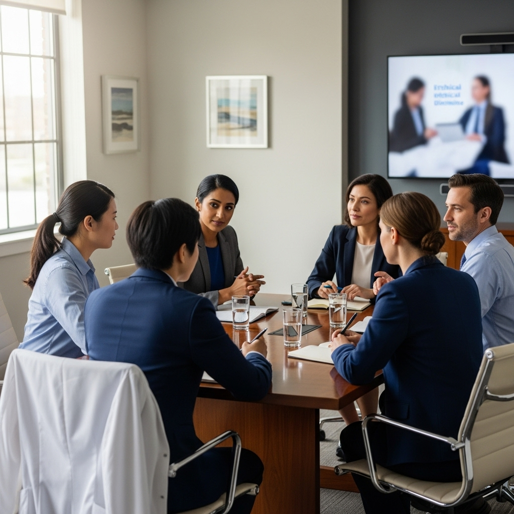Photo of diverse group of doctors in discussion about medical ethics in a conference room, soft daylight, professional atmosphere, no text.
