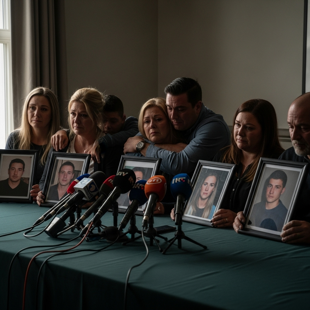 Realistic photo of a press conference with bereaved families holding photos, microphones on table, emotional expressions, natural lighting, no text.