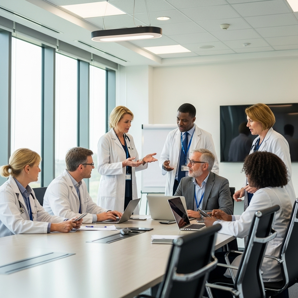 A realistic photo of a medical conference in the UK, with doctors discussing weight loss treatment policies in a modern hospital setting, natural lighting, no text.