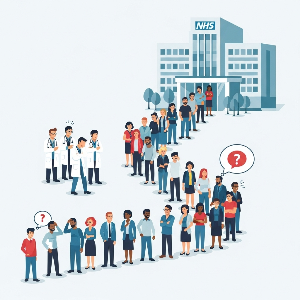 An infographic showing overflowing patient waiting lists at NHS hospitals, with stressed doctors and patients, clean flat design, no text.