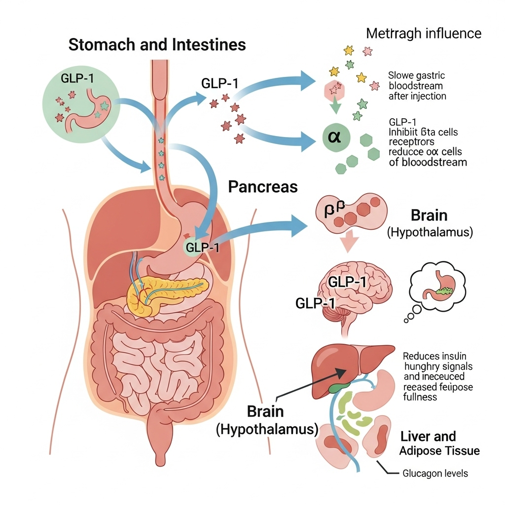A clean infographic showing how GLP-1 weight loss injections work inside the body, with clear visual diagrams and soft colors, no text.