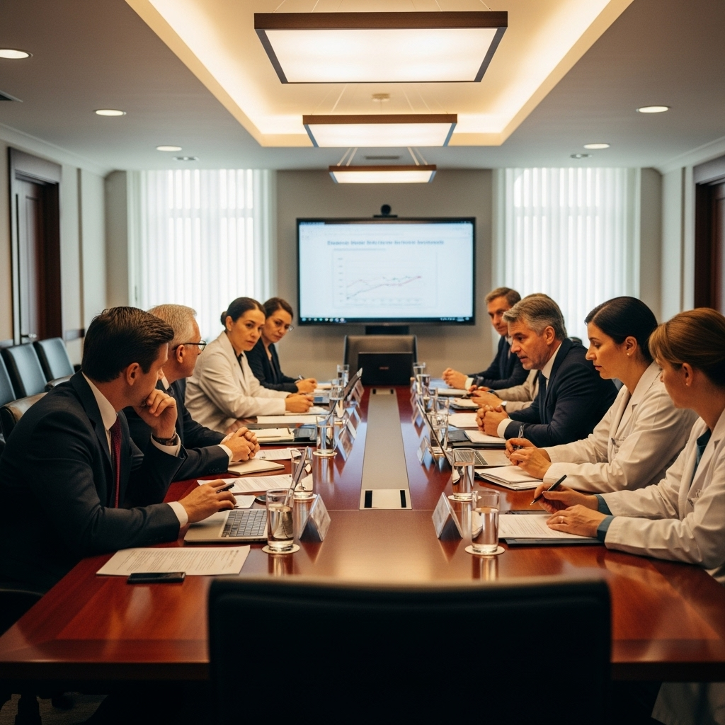 A photo of government health officials and doctors in discussion about obesity policy in a conference room, realistic lighting, no text.
