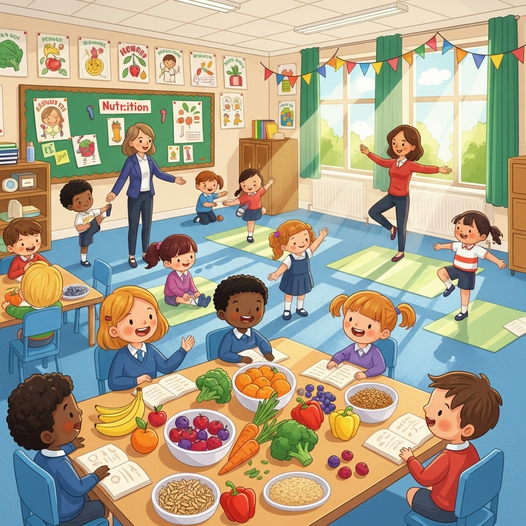 A lively illustration of children learning about healthy food and exercise at school in the UK, bright and cheerful tone, no text.