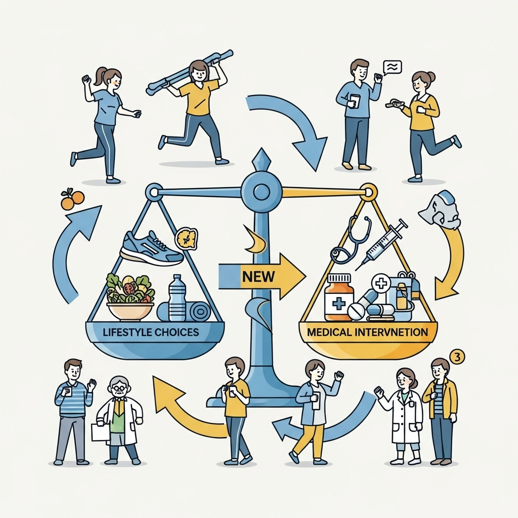 An infographic style illustration showing a scale balancing lifestyle choices and medical intervention for weight loss, with arrows indicating societal shifts. Diverse Korean people benefiting from new approaches. Clean, bright colors, no text.