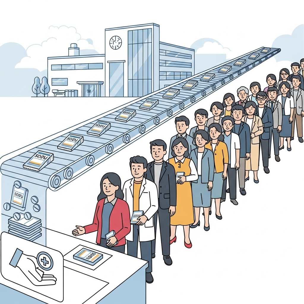 A visual metaphor showing a large pharmaceutical factory producing weight-loss drugs, with diverse Korean people queuing up for affordable medication. Emphasize increasing accessibility and affordability. Clean, modern illustration style, no text.
