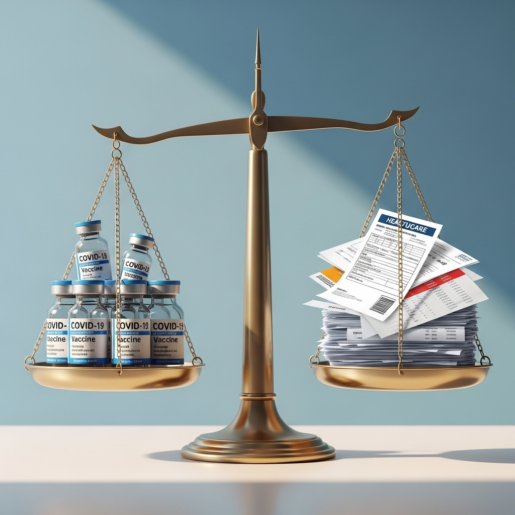 clean infographic showing covid-19 vaccine vials, healthcare paperwork, and balance scales symbolizing fairness in compensation, no text, natural lighting