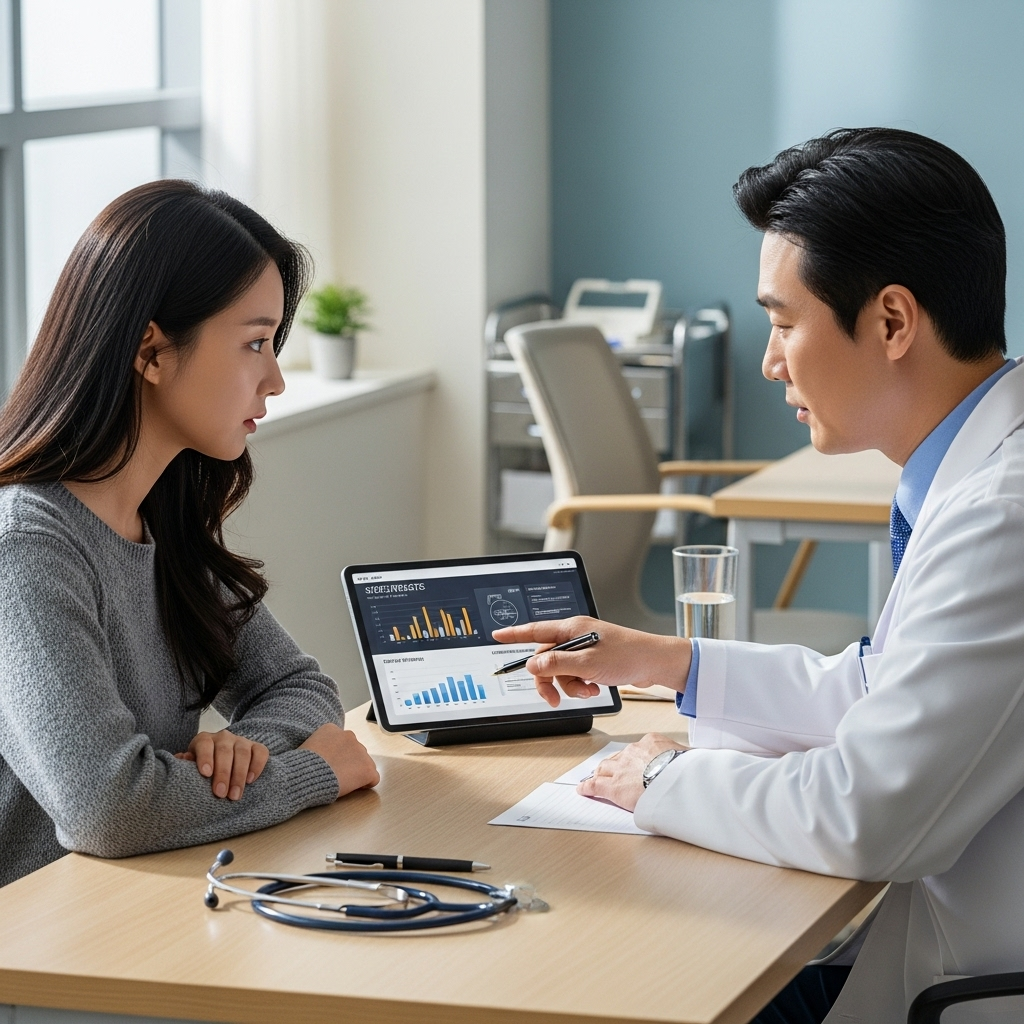 realistic depiction of a healthcare consultation scene in a hospital, Korean patient and doctor discussing medical records about side effects, natural light, no text