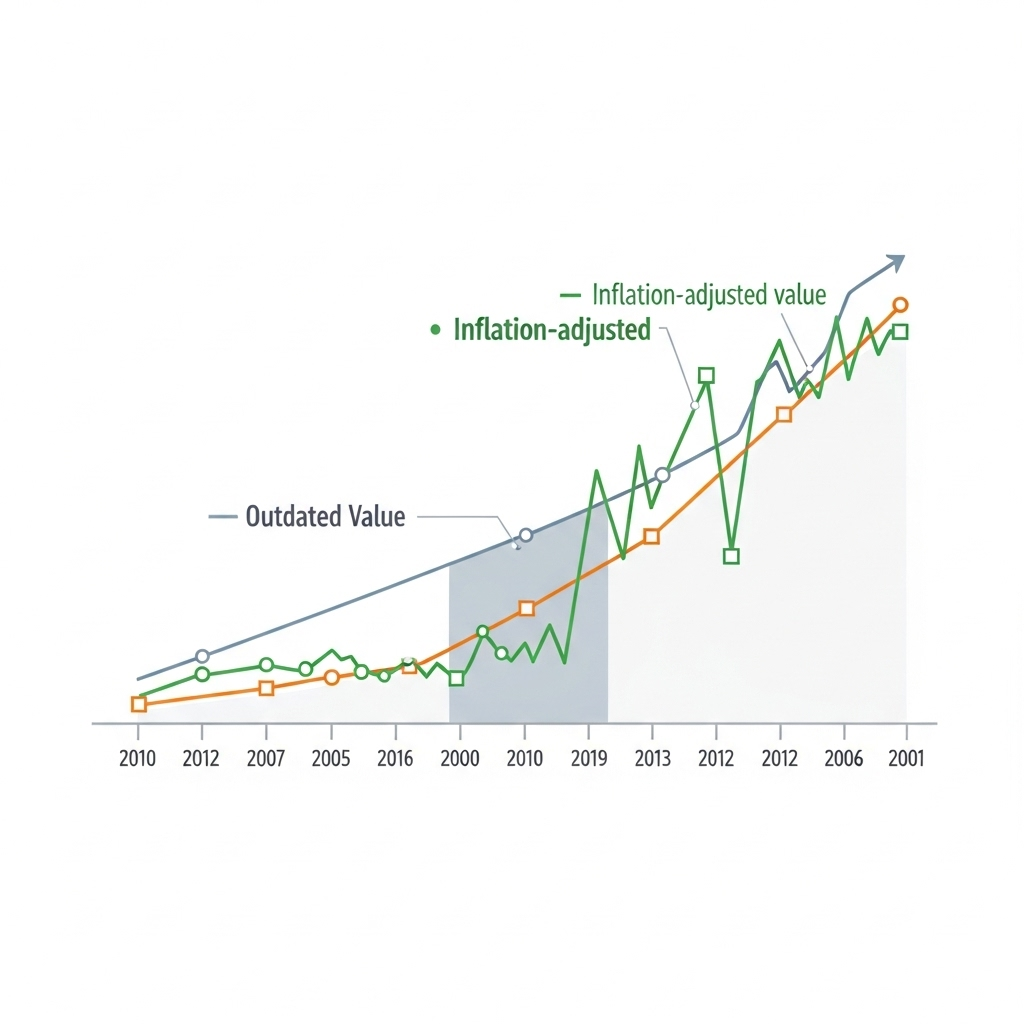 infographic comparing compensation amounts over time, highlighting outdated value vs inflation-adjusted value, clean design, no text