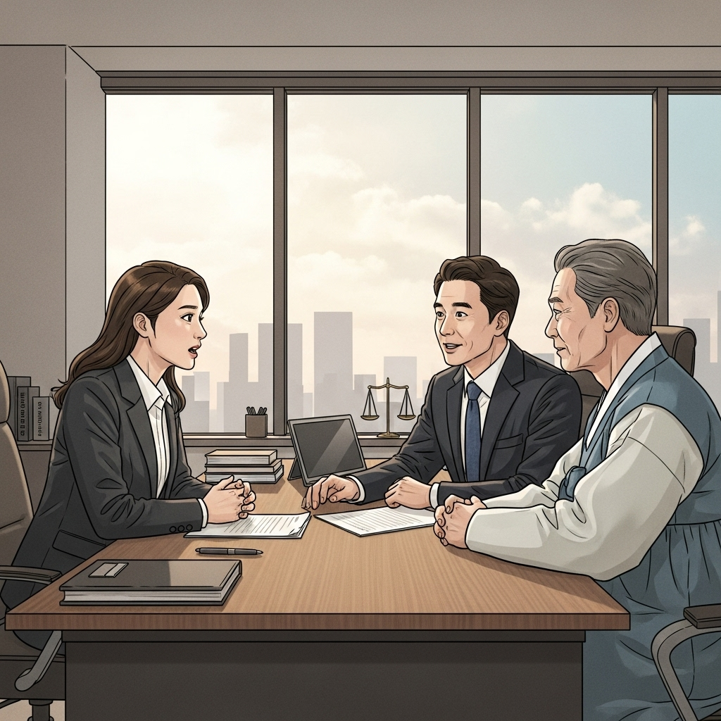 illustration of a small group of people consulting lawyers in an office, focusing on determination and empathy, Korean setting, soft lighting, no text