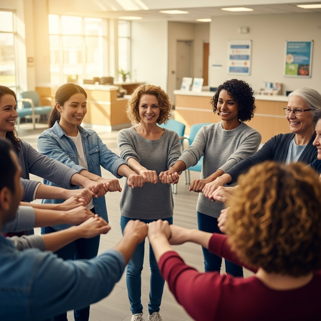 lifestyle photography of people linking hands in a community health center, symbolizing trust and solidarity, warm natural lighting, no text