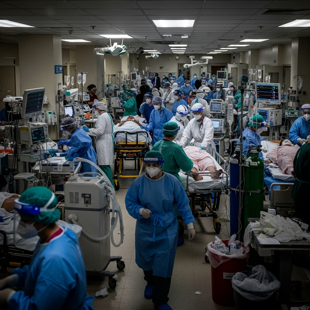 Crowded hospital emergency room during COVID-19 pandemic, medical staff in protective gear rushing between patients, overwhelming atmosphere with medical equipment, realistic hospital interior lighting, no text