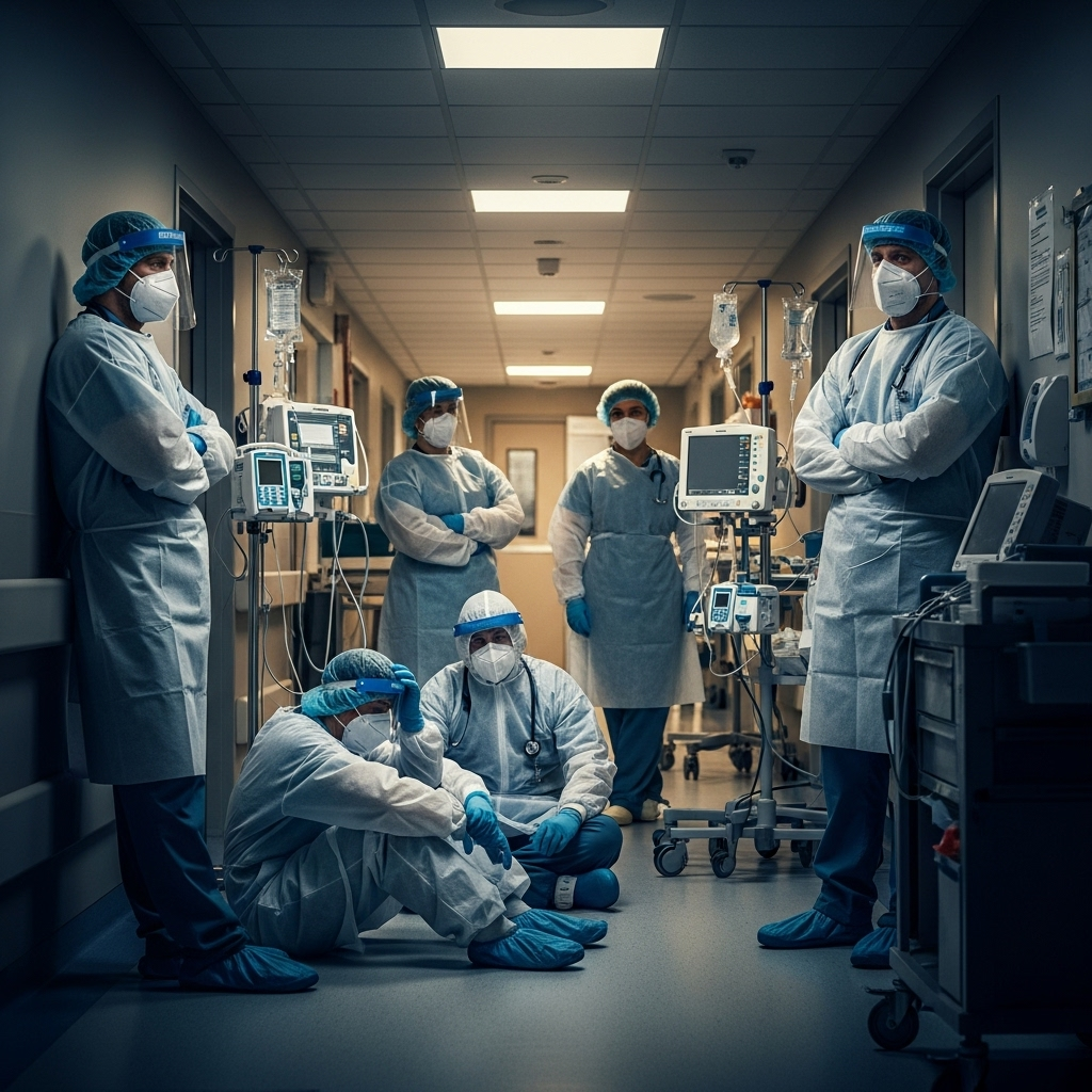 Exhausted medical professionals in hospital corridor during COVID-19, wearing protective equipment, showing fatigue and stress, realistic hospital environment with medical equipment, dramatic lighting showing the intensity of the situation, no text