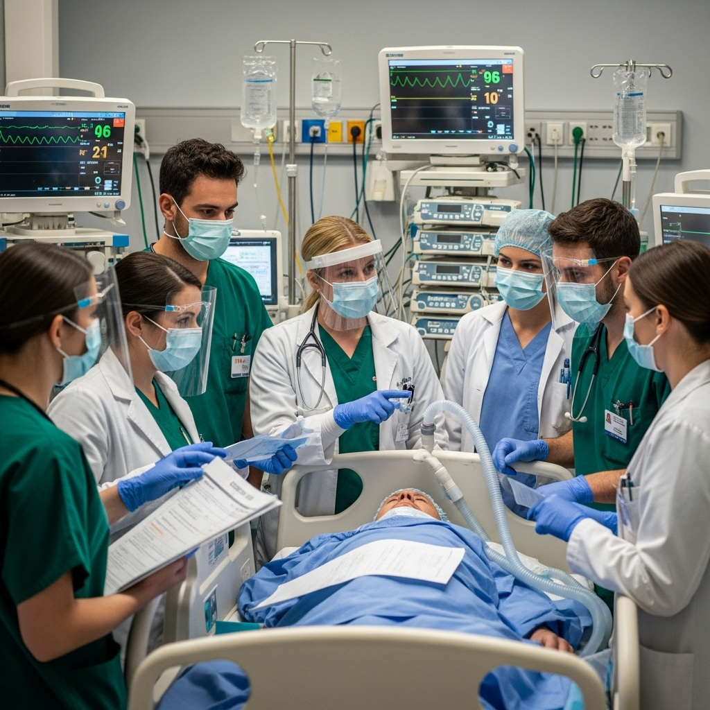 Medical team meeting in ICU during COVID-19 crisis, doctors and nurses discussing patient care around hospital bed with ventilators, serious atmosphere showing the weight of difficult decisions, professional medical environment, no text